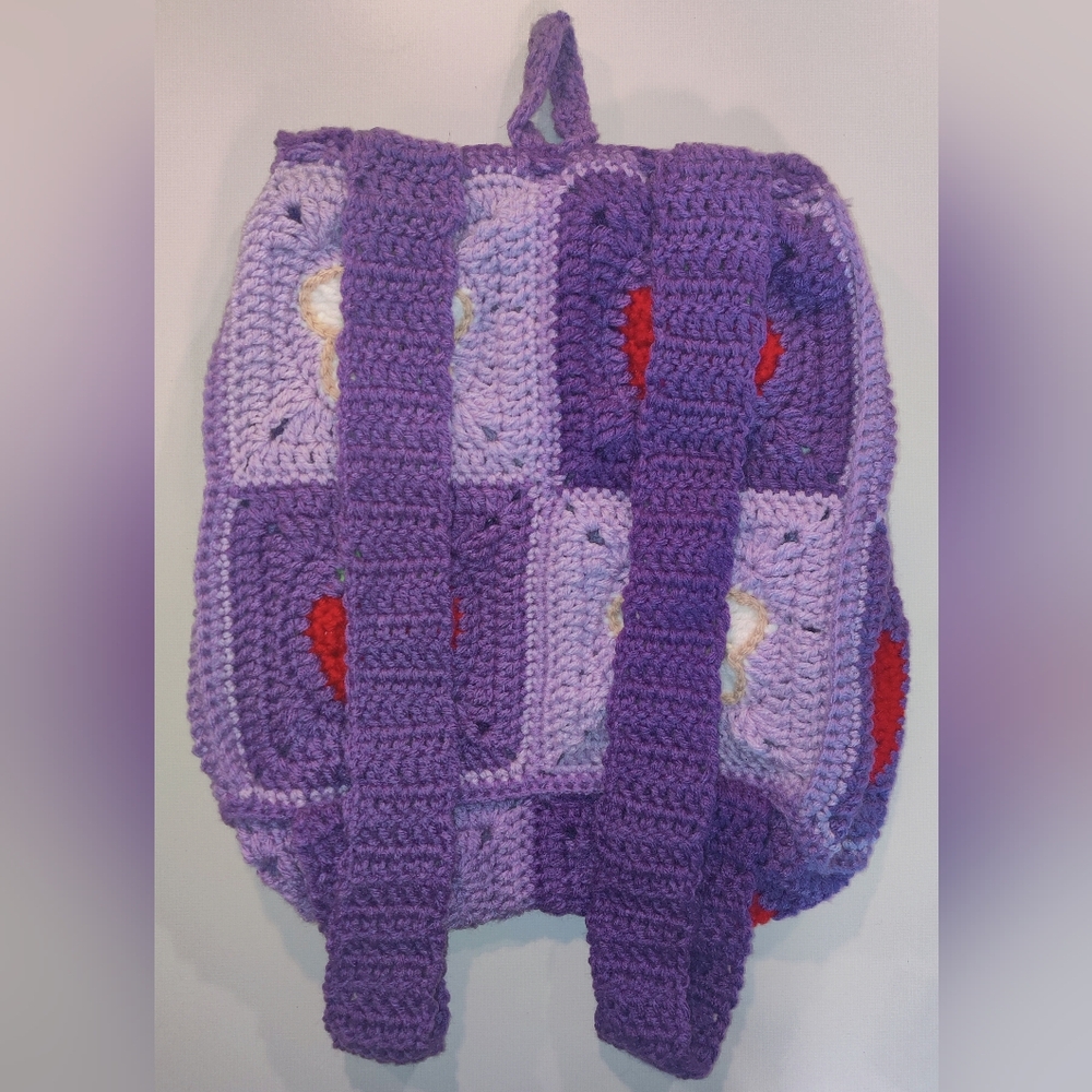 Purple Crochet Strawberry/Flower Granny Square Drawstring Backpack - Picture 6 of 6